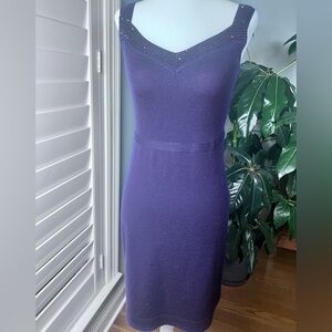 100% Wool Deep Purple Knit Sheath Dress Sequin Trim Small Cocktail Dress